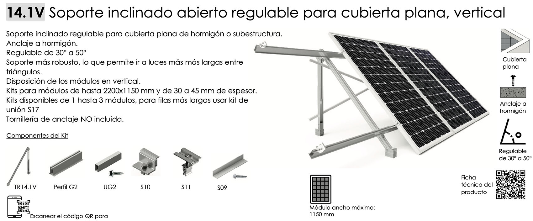 Estructura Soporte Placas Solares para Suelo Regulable 30º - 50º 14.1V
